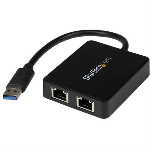 Photos - Cable (video, audio, USB) Startech.com USB 3.0 to Dual Port Gigabit Ethernet Adapter w/ USB Port 10/100/1000 Mbps USB Gigabit LAN Network NIC Adapter 