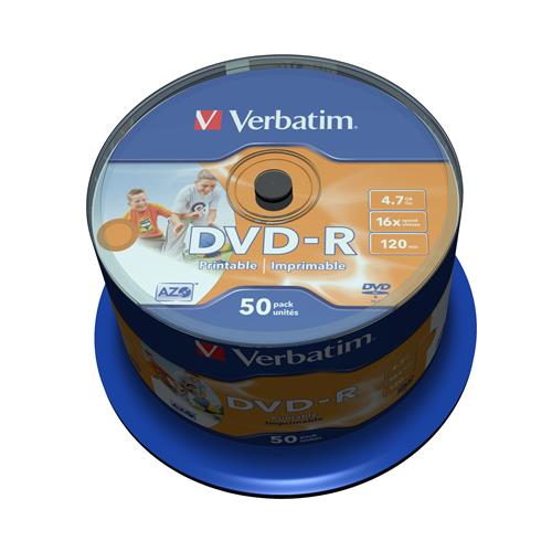 Verbatim 43533. Native capacity: 4.7 GB Type: DVD-R Quantity per pack: 50 pc(s). Package width: 300 mm Package depth: 110 mm Package height: 50 mm. DVD write speed: 16x