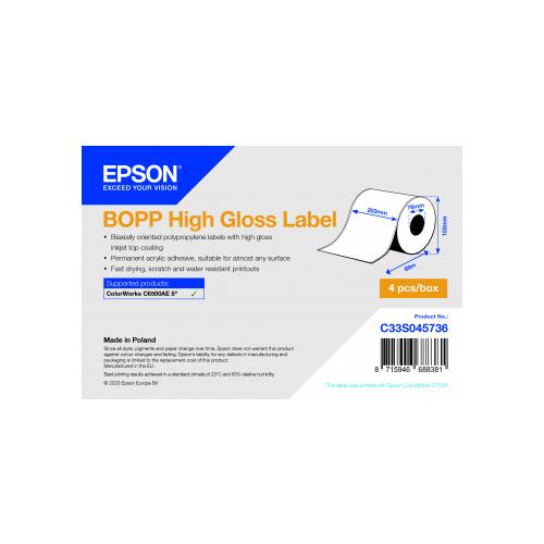 Epson BOPP High Gloss Label - Continuous Roll: 203mm x 68m Polypropylene (PP) Inkjet Acrylic Permanent Gloss Epson ColorWorks C7500G Epson ColorWorks C7500 ColorWorks CW-C6500Pe ColorWorks CW-C6500Ae...