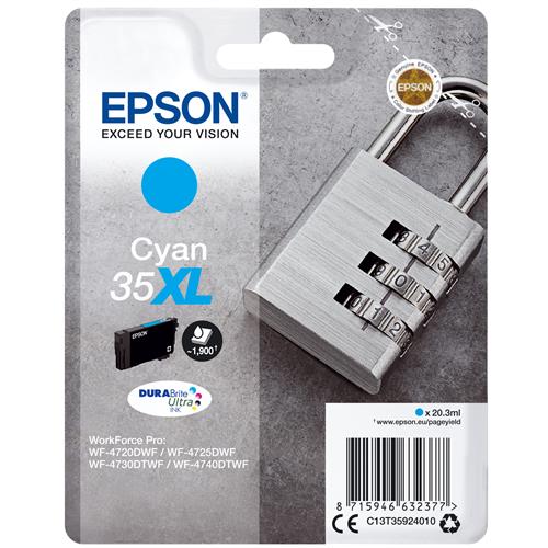 Epson Padlock 35XL DURABrite Ultra Single Cyan Ink. Cartridge capacity: High (L) Yield Supply type: Single pack Colour ink page yield: 1900 pages Colour ink volume: 20.3 ml Printing colours: Cyan Quantity per pack: 1 pc(s)