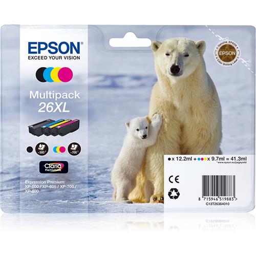 Epson Polar bear 26XL Claria Premium Multipack 4-colours Ink High (L) Yield Black Cyan Magenta Yellow Pigment-based ink Dye-based ink 12.2 ml 9.7 ml