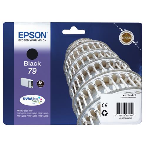 Epson Tower of Pisa Singlepack Black 79 DURABrite Ultra Ink. Cartridge capacity: Standard Yield Black ink type: Pigment-based ink Black ink volume: 14.4 ml Supply type: Single pack Printing colours: Black Quantity per pack: 1 pc(s)