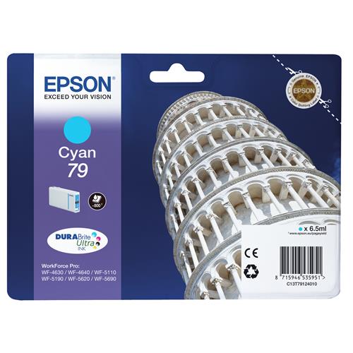 Epson Tower of Pisa Singlepack Cyan 79 DURABrite Ultra Ink. Cartridge capacity: Standard Yield Supply type: Single pack Colour ink volume: 6.5 ml Printing colours: Cyan Quantity per pack: 1 pc(s)