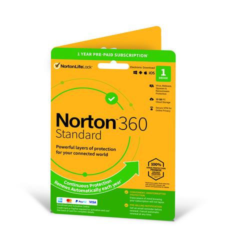 Norton 360 Standard | 1 Device | 1 Year Subscription with Automatic Renewal | Includes Secure VPN and Password Manager | PCs Mac Smartphones and Tablets