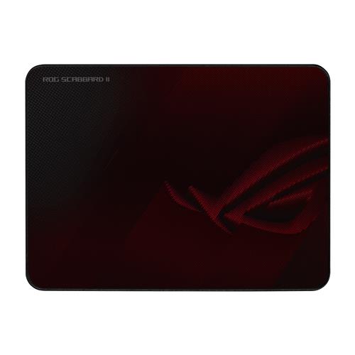 ASUS ROG Scabbard II. Width: 360 mm Depth: 260 mm. Product colour: Red Surface coloration: Image Material: Fabric Rubber Non-slip base Gaming mouse pad