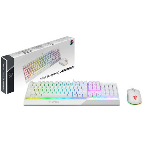 MSI VIGOR GK30 COMBO WHITE UK RGB MEMchanical Gaming Keyboard + Clutch GM11 WHITE Gaming Mouse ' UK Layout 6-Zone RGB Lighting Keyboard Dual-Zone RGB Lighting Mouse 5000 DPI Optical Sensor Center'