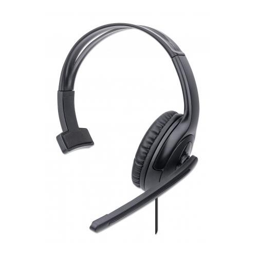 Manhattan Mono Over-Ear Headset (USB) Microphone Boom (padded) Polybag Packaging Adjustable Headband In-Line Volume Control Ear Cushion USB-A for both sound and mic use cable 1.5m Three Year Warranty
