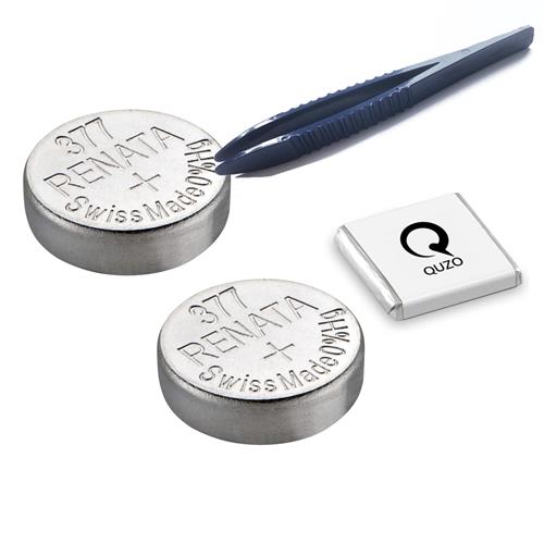Bundle of 2x Renata 377 Batteries and Specialist Installation Tweezers and Quzo Belgian Chocolate