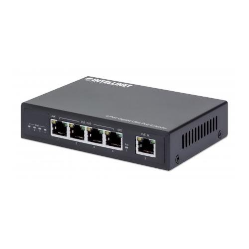 Intellinet 4-Port Gigabit Ultra PoE Extender Adds up to 100 m (328 ft.) to PoE Range 90 W PoE Power Budget Four PSE Ports with up to 30 W Output IEEE 802.3bt/at/af Compliant Metal Housing