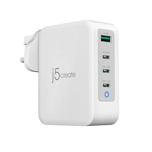 j5create JUP43130F-FN 130W GaN USB-C 4-Port Charger - UK Indoor USB Grey White