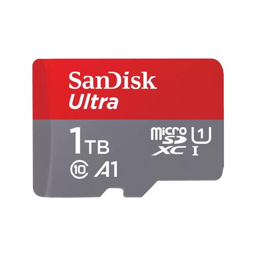 SanDisk Ultra. Capacity: 1 TB Flash card type: MicroSDXC Flash memory class: Class 10 Internal memory type: UHS-I Read speed: 150 MB/s UHS Speed Class: Class 1 (U1). Product colour: Grey Red