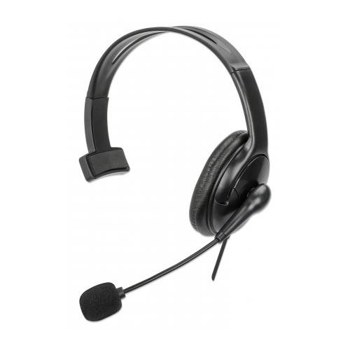 Manhattan Mono Over-Ear Headset (USB) Reversible Microphone Boom (padded) Retail Box Packaging In-Line Volume/Mute Control Padded Ear Cushion USB-A for both sound and mic use cable 2m Three Year Warranty