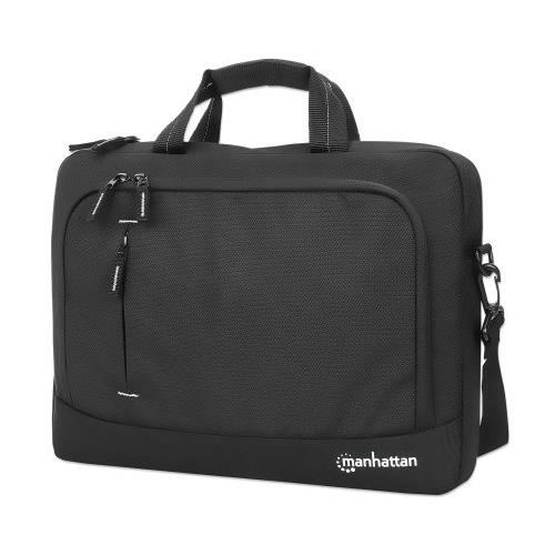 Manhattan Helsinki Eco Friendly Laptop Bag 14.1" Top Loader Black Padded Notebook Compartment Front and Multiple Interior Pockets Padded Handle Trolley Strap Recycled Materials Black Shoulder Strap (removable) Notebook Case Three Year Warr