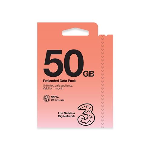 Three 50GB (normally 25GB) Prepaid Voice & Data SIM 4G / 5G with