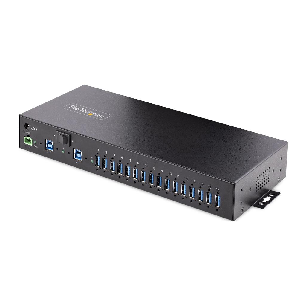 StarTech.com 16-Port Industrial USB 3.0 Hub 5Gbps, Metal, DIN/Surface/Rack Mountable, ESD Protection, Terminal Block Power, up to 120W Shared USB Charging, Dual-Host Hub/Switch - TAA