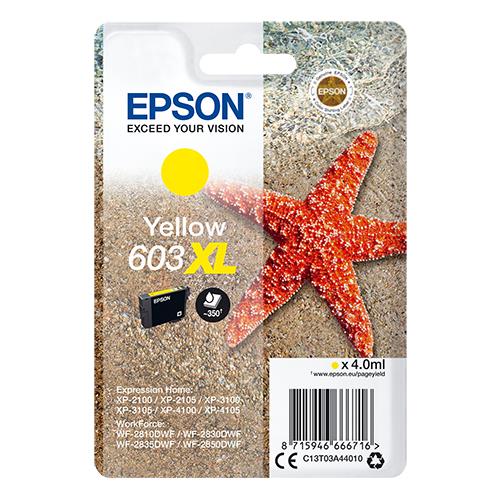 Epson Singlepack Yellow 603XL Ink. Cartridge capacity: High (L) Yield Supply type: Single pack Colour ink volume: 4 ml Printing colours: Yellow Quantity per pack: 1 pc(s)