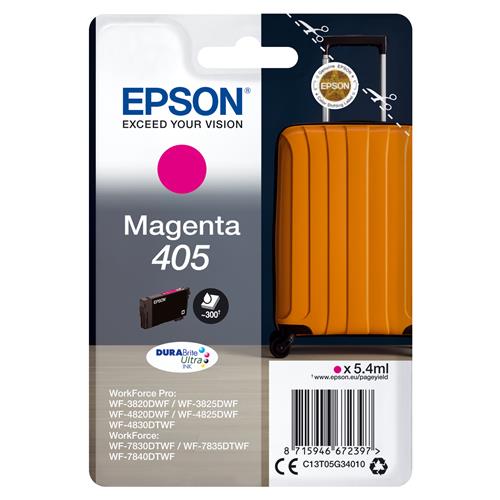 Epson Singlepack Magenta 405 DURABrite Ultra Ink. Colour ink type: Pigment-based ink Cartridge capacity: Standard Yield Supply type: Single pack Colour ink volume: 5.4 ml Printing colours: Magenta Quantity per pack: 1 pc(s)