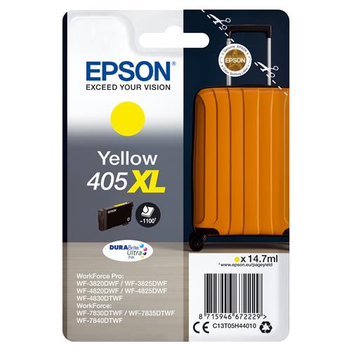 Epson Singlepack Yellow 405XL DURABrite Ultra Ink. Colour ink type: Pigment-based ink Cartridge capacity: High (XL) Yield Supply type: Single pack Colour ink volume: 14.7 ml Printing colours: Yellow Quantity per pack: 1 pc(s)
