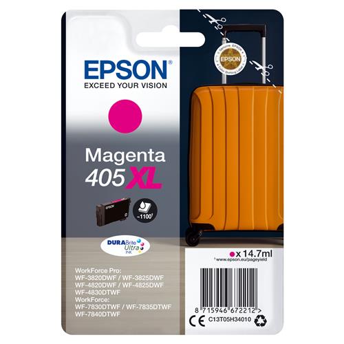 Epson Singlepack Magenta 405XL DURABrite Ultra Ink. Cartridge capacity: High (L) Yield Supply type: Single pack Colour ink volume: 14.7 ml Printing colours: Magenta Quantity per pack: 1 pc(s)