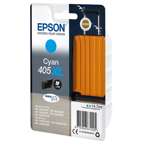 Epson Singlepack Cyan 405XL DURABrite Ultra Ink. Cartridge capacity: High (XL) Yield Supply type: Single pack Colour ink volume: 14.7 ml Printing colours: Cyan Quantity per pack: 1 pc(s)