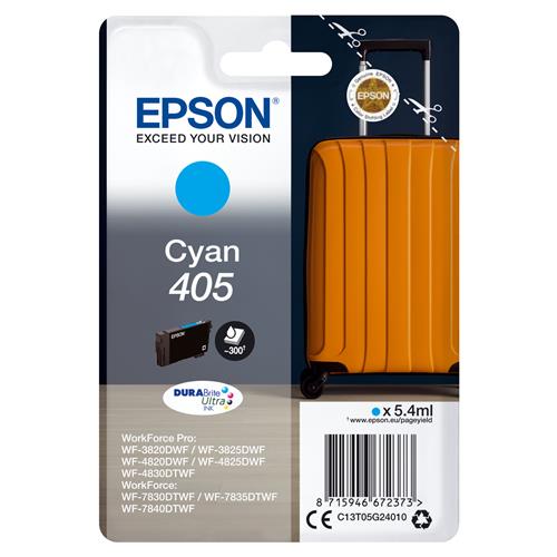 Epson Singlepack Cyan 405 DURABrite Ultra Ink. Colour ink type: Pigment-based ink Cartridge capacity: Standard Yield Supply type: Single pack Colour ink volume: 5.4 ml Printing colours: Cyan Quantity per pack: 1 pc(s)