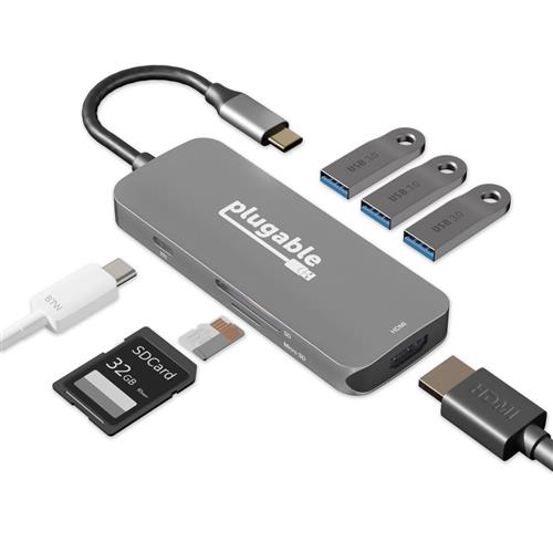 Plugable Technologies USB-C Hub 7-in-1 Driverless USB C Hub Compatible with Mac Windows Chromebook USB4 Thunderbolt 4 and More (4K HDMI 3 USB 3.0 SD & microSD Card Reader 100W Charging)