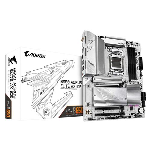 GIGABYTE B650 AORUS ELITE AX ICE Motherboard - Supports AMD Ryzen 9000 CPUs 12+2+2 Phases Digital VRM up to 8000MHz DDR5 (OC) 1xPCIe 5.0 + 2xPCIe 4.0 M.2 Wi-Fi 6E 2.5GbE LAN USB 3.2 Gen 2x2
