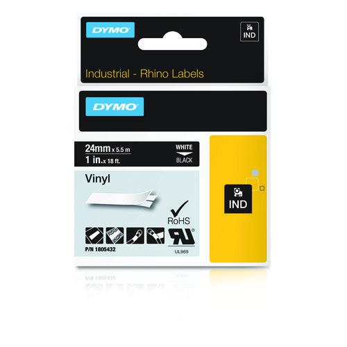 DYMO Rhino Industrial Vinyl Labels | 24 mm x 5.5 m | White Print on Black | Self-Adhesive | for LabelManager & Rhino Label Makers White on black Multicolour Vinyl -40 - 80 C DYMO Rhino