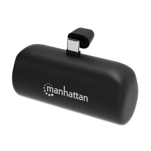 Manhattan Power Bank with integrated USB-C plug 5000 mAh Up to 10W output Kickstand for Use as Charging Phone Holder Black One Year Warranty