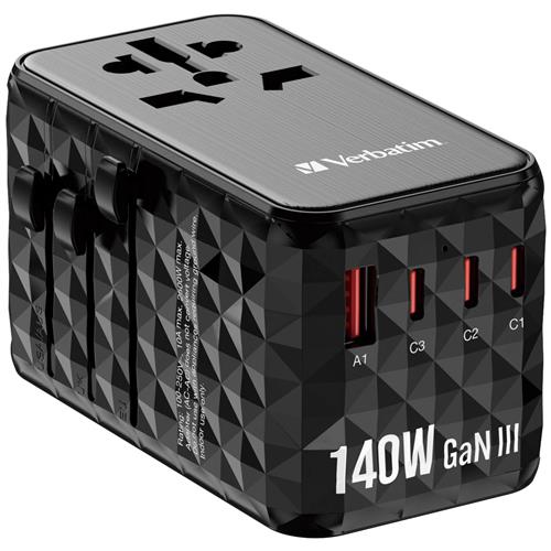 Verbatim UTA-10 140W GaN III Universal Travel Adapter with 2 x USB-C PD 3.1 & QC 4+ 1 x USB-C PD 3.0 & 1 x USB-A QC 3.0 ports