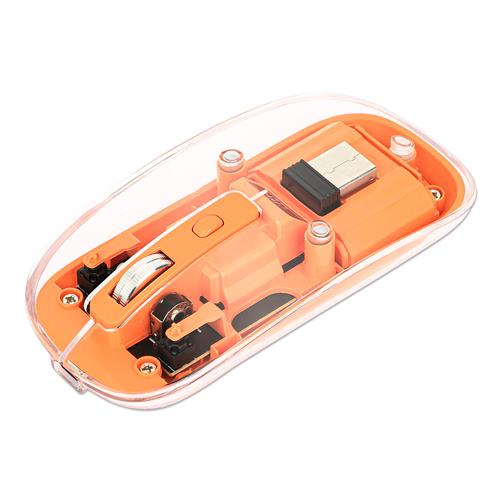 Manhattan Transparent Rechargeable Wireless Mouse Clear/Orange Adjustable 800/1200/1600dpi With RGB LED light 2.4Ghz (effective range up to 10m) USB Optical Ambidextrous Four Button with Scroll Wheel Slim Design USB-A micro receiver Lithiu