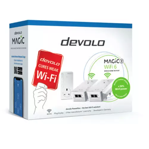 Devolo Magic 2 WiFi 6 2400 Mbit/s IEEE 802.11a IEEE 802.11ac IEEE 802.11ax IEEE 802.11b IEEE 802.11g IEEE 802.11k IEEE... Type G Gigabit Ethernet 101001000 Mbit/s Wi-Fi 6 (802.11ax)