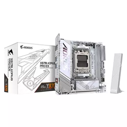 GIGABYTE X870I AORUS PRO ICE Motherboard - Supports AMD Ryzen 9000 Series CPUs 8+2+1 phases VRM up to 8400MHz DDR5 (OC) 1xPCIe 5.0 M.2 + 1xPCIe 4.0 M.2 WI-FI 7 25GbE LAN USB 4 AMD Socket AM5 AMD Ryzen 7000 Series AMD Ryzen 8000 Series AMD