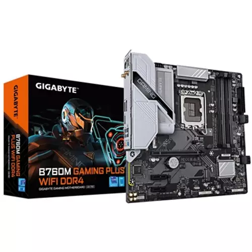 GIGABYTE B760M GAMING PLUS WIFI DDR4 Motherboard - Supports 14th Gen. Intel Core CPUs 4+1+1 phases VRM up to 5333MHz DDR4 (OC) 2xPCIe 4.0 M.2 Wi-Fi 6 1 GbE LAN USB 3.2 Gen 1