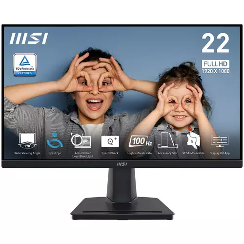MSI Pro MP225V 21.45 Inch Monitor FHD (1920 x 1080) 100Hz VA 1ms 1x HDMI 1.4b 1x D-Sub(VGA) Anti-Glare Anti-Flicker Less Blue light TV Certified VESA Kensington Black
