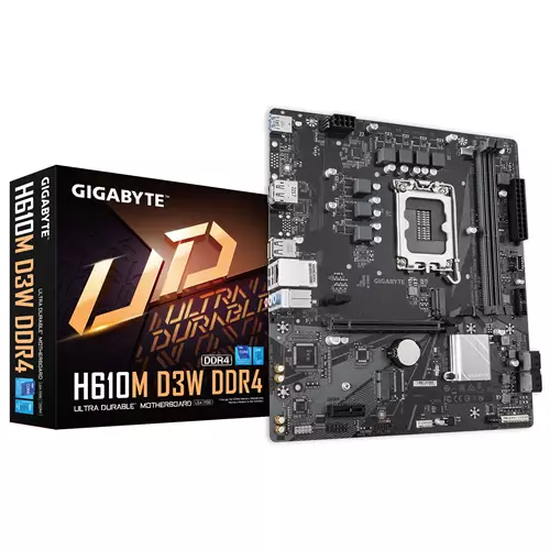 GIGABYTE H610M D3W DDR4 Motherboard - Supports 14th Gen. Intel Core CPUs 5+1+1 phases VRM up to 3200MHz DDR4 1xPCIe 3.0 M.2 1GbE LAN USB 3.2 Gen 1