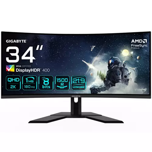GIGABYTE G34WQCP 34" UWQHD Curved Gaming Monitor - 3440 x 1440 1500R 180Hz 1ms 350 cd/m2 AMD FreeSync Premium DisplayHDR 400 HDMI 2.0 Displayport 1.4