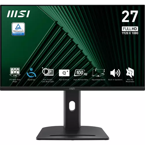 MSI PRO MP275PG 27 Inch Monitor FHD (1920 x 1080) 100Hz IPS 1ms 1x HDMI 1.4b 1x DP 1.2a output 1x D-Sub(VGA) Built-in Speakers Anti-Glare Anti-Flicker Less Blue light TV Certified VESA Kensington 4-way adjustable stand Black