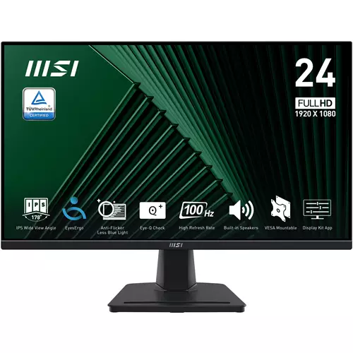 MSI Pro MP245G 24 Inch Monitor FHD (1920 x 1080) 100Hz IPS 1ms 1x HDMI 1.4b 1x DP 1.2a output 1x D-Sub(VGA) Built-in Speakers Anti-Glare Anti-Flicker Less Blue light TV Certified VESA Kensington Black