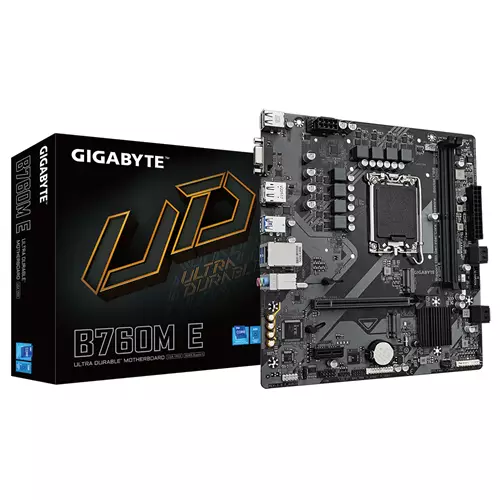 GIGABYTE B760M E Motherboard - Supports 14th Gen. Intel Core CPUs 6+1+1 phases VRM up to 7200MHz DDR5 (OC) 2xPCIe 4.0 M.2 1 GbE LAN USB 3.2 Gen 1