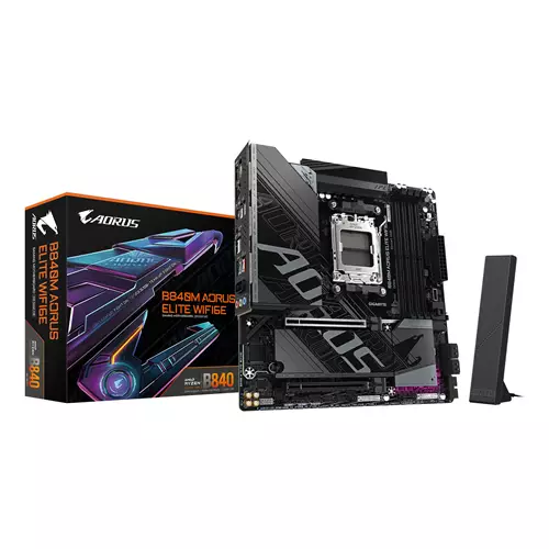 GIGABYTE B840M AORUS ELITE WIFI6E Motherboard - AMD Ryzen 9000 CPUs 10+2+2 Phases VRM up to 8200MHz DDR5(O.C) 2xPCIe 4.0 M.2 Wi-Fi 6E 2.5GbE LAN USB 3.2 Gen 2