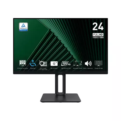 MSI Pro MP245PG 24 Inch Monitor FHD (1920 x 1080) 100Hz IPS 1ms 1x HDMI 1.4b 1x DP 1.2a output 1x D-Sub(VGA) Built-in Speakers Anti-Glare Anti-Flicker Less Blue light TV Certified VESA Kensington 4-way adjustable stand Black