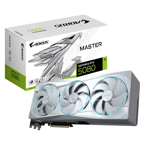 GIGABYTE AORUS GeForce RTX 5080 MASTER ICE 16G Graphics Card - 16GB GDDR7 256bit PCI-E 5.0 2805MHz Core Clock 3 x DP 2.1a 1 x HDMI 2.1b NVIDIA DLSS 4 GV-N5080AORUSM ICE-16GD GeForce RTX 5080 16 GB GDDR7 256 bit 7680 x 4320 pixels PCI Exp