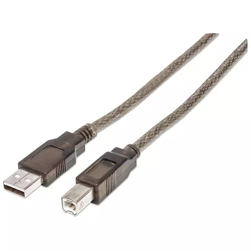 Manhattan USB-A to USB-B Cable 11m Male to Male Active 480 Mbps (USB 2.0) Built In Repeater Hi-Speed USB Translucent Silver Three Year Warranty 11 m USB A USB B USB 2.0 Male/Male Silver