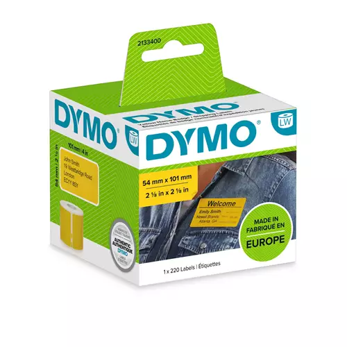 DYMO Authentic LabelWriter Large Shipping Labels/Name Badges | Black Print on Yellow Label | 54 mm x 101 mm | 220 Easy-PeelSelf-Adhesive Labels | for LabelWriter Label Makers | Made in Europe Yellow Rounded rectangle Removable Black on yellow 54