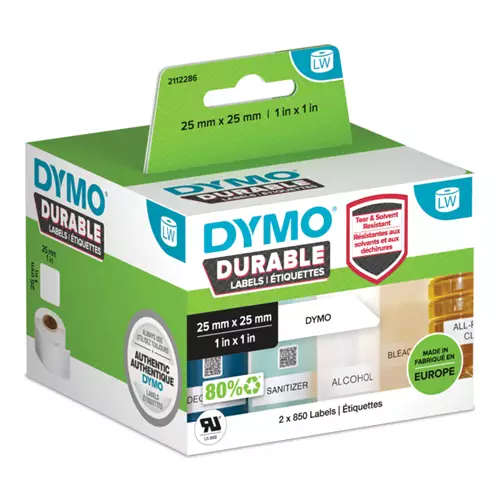 DYMO Authentic LabelWriter Durable Labels | 25mm x 25mm | White Poly | 2 Rolls of 850 (1700 Self-Adhesive Labels) | High-Performance | For LabelWriter Label Makers