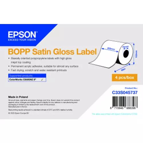 Epson BOPP Satin Gloss Label - Continuous Roll: 203mm x 68m. Material: Polypropylene (PP) Print technology: Inkjet Adhesive material: Acrylic. Label width: 20.3 cm Sheet length: 68 m. Quantity per pack: 1 pc(s)