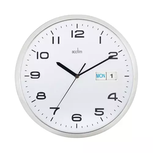 Acctim Supervisor Quartz Wal Clock With Day and Date Display 320mm Diameter Chrome and White - 21027