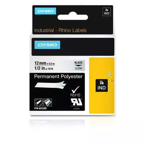 DYMO Rhino Industrial Permanent Polyester Labels | 12 mm x 5.5 m | Black Print on Clear | Self-Adhesive | for LabelManager & Rhino Label Makers