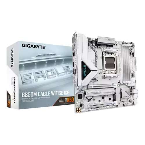 GIGABYTE B850M EAGLE WIFI6E ICE Motherboard - AMD Ryzen 9000 Series CPUs 8+2+2 Phases Digital VRM up to 8200MHz DDR5 (OC) 1xPCIe 5.0 + 1xPCIe 4.0 M.2 Wi-Fi 6E 2.5 GbE LAN USB 3.2 Gen 2